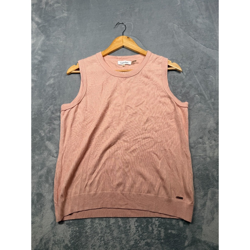 Calvin Klein Sweater Vest Womens Large Pink Rayon Knit Ribbed Trim Crew Neck